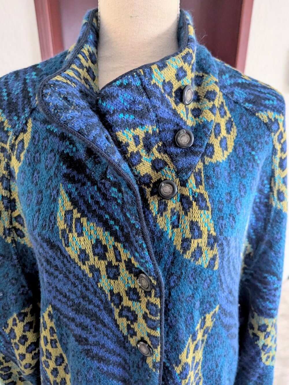 Vintage Bode Knitted Coat Duster Long Blue Leopard Mohair Wool Plus Size US 14